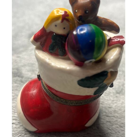 Christmas Stocking Stuffed With Toys Hinged Trinket Box With Doll Trinket‎ - Picture 1 of 11